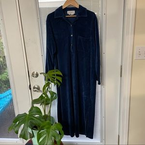 Vintage Miss Elaine At Home S Small Maxi House Dress Velvet Blue Long Sleeve